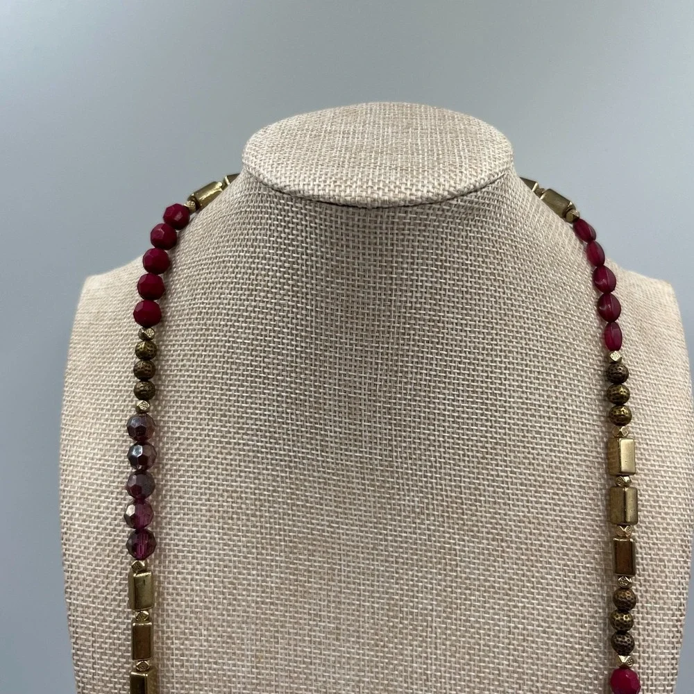 Vintage Red Bead Necklace‎ Gold Tone Accents Long Statement Costume Jewelry Y2K